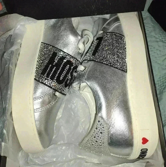 Love Moschino Women's Metallic Leather Crystal Band Sneakers Silver 41 preloved - Picture 4 of 6